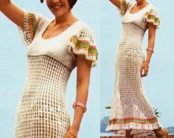 Vintage Crochet Pattern Crocheted Maxi Caftan Dress Beach Cover Up Matching Swim Briefs Underpants PDF Instant Digital Download