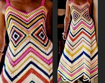 Vintage Crochet Pattern 70s Long Chevron Diamon Maxi Long Casual Dress PDF Pattern INSTANT Digital DOWNLOAD Pixie Hem