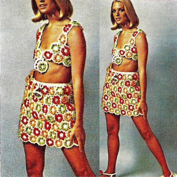 Vintage 70's Crochet Mini Skirt and Crop Bralette Top PDF Pattern INSTANT Digital DOWNLOAD