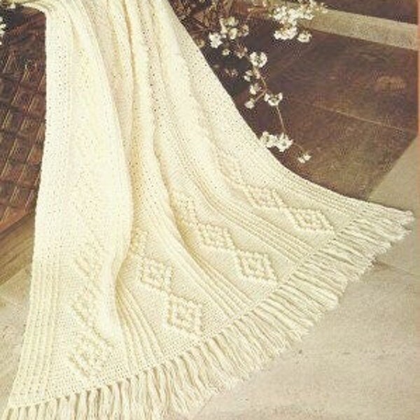 Vintage Crochet Pattern Classic Aran Afghan Blanket Paneled Popcorn Diamond Stitch PDF Instant Digital Download