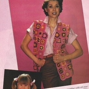 Vintage 70&#39;s Crochet Pattern Granny Square Sweater Vest PDF Instant Digital DOWNLOAD Womens and Chilrens Pattern