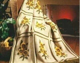 Vintage Afghan Crochet Pattern Sunflowers Garden Throw Floral Large Square Cross Stitch Motif Blanket PDF Instant Digital Download