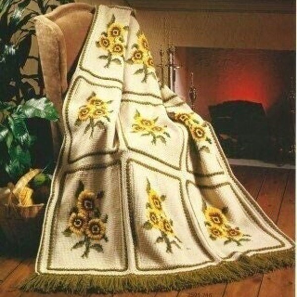 Vintage Afghan Crochet Pattern Sunflowers Garden Throw Floral Large Square Cross Stitch Motif Blanket PDF Instant Digital Download