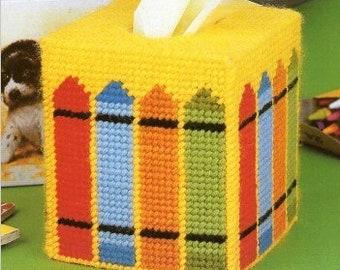 Vintage Plastic Canvas Pattern Crayons Tissue Box Cover Topper PDF Instant Digital Printable School Days Nursery Decor