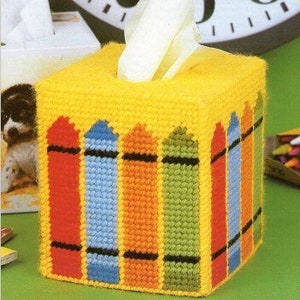 Vintage Plastic Canvas Pattern Crayons Tissue Box Cover Topper PDF Instant Digital Printable School Days Nursery Decor