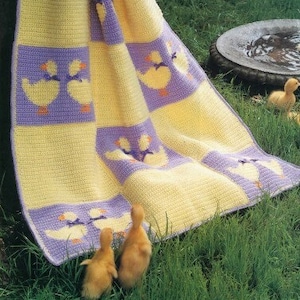 Vintage Afghan Crochet Pattern Baby Ducks on Parade Pastel Baby Chicks Duckies Throw Blanket PDF Instant Digital Download