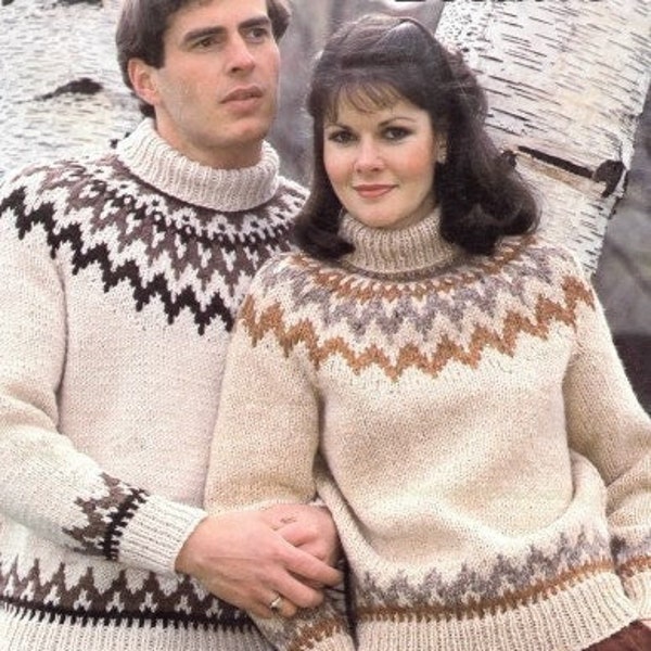 Vintage Sweater Knitting Pattern His & Hers Fair Isle Sweaters Matching Winter Fall; Pullover Icelandic PDF Instant Digital Download