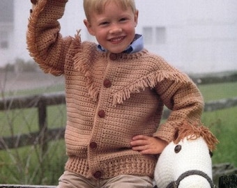 Vintage Crochet Pattern Kids Boys Child’s Western Buckaroo Sweater Jacket with Fringe and Stick Pony Horse PDF Instant Digital Download