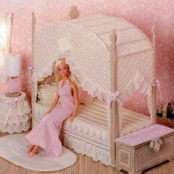 Vintage Plastic Canvas Pattern Book Leaflet Fashion Doll Barbie Bedroom PDF Instant Digital Download Canopy Bed Rug Lamp Nightstand