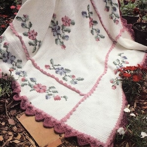 Vintage Crochet Pattern Spring Garden Rose Floral Afghan Blanket Coverlet Embroidery Cross Stitch Roses Flowers PDF Instant Digital Download