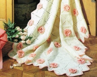 Vintage Afghan Crochet Pattern Rose Garden Floral Granny Square Flower Motif Throw Blanket PDF Instant Digital Download