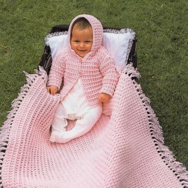 vintage Crochet Pattern Couverture pour bébé et veste à capuche Matinee Cardigan Sweater PDF Téléchargement numérique instantané Couverture de berceau afghane