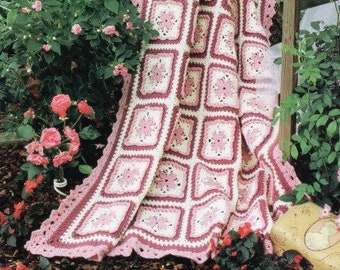 Vintage Crochet Pattern Beautiful Rose Granny Square Afghan Roses Motif Blanket  PDF Instant Digital Download