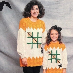 Vintage Knitting Pattern Pullover Halloween Tunic Sweater Top Spider Pumpkin Tic Tac Toe PDF Instant Digital Download Women&#39;s Girls