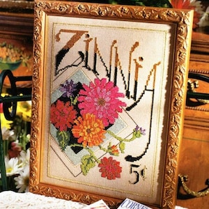 Vintage Cross Stitch Pattern Garden Zinna Flowers Seed Card PDF Instant Digital Download Garden Picture Plaque