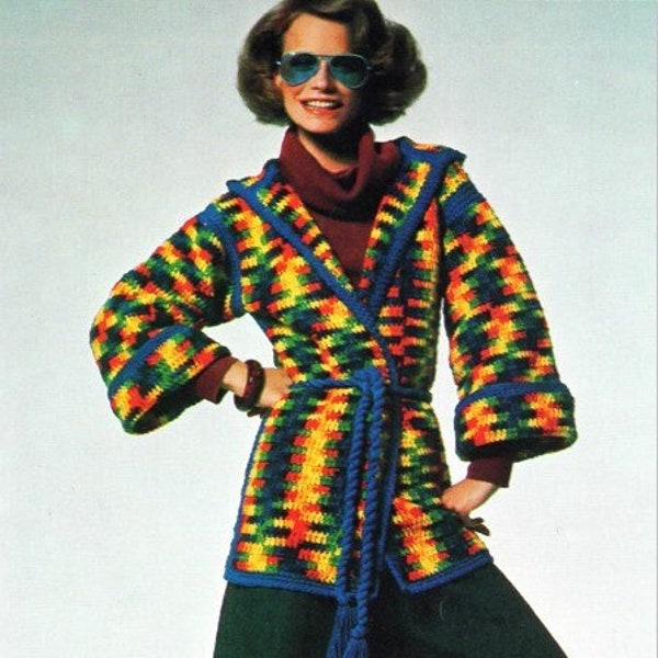 Vintage Crochet Pattern 1970's Retro Cardigan Tie Sweater Jacket PDF Instant Digital Download