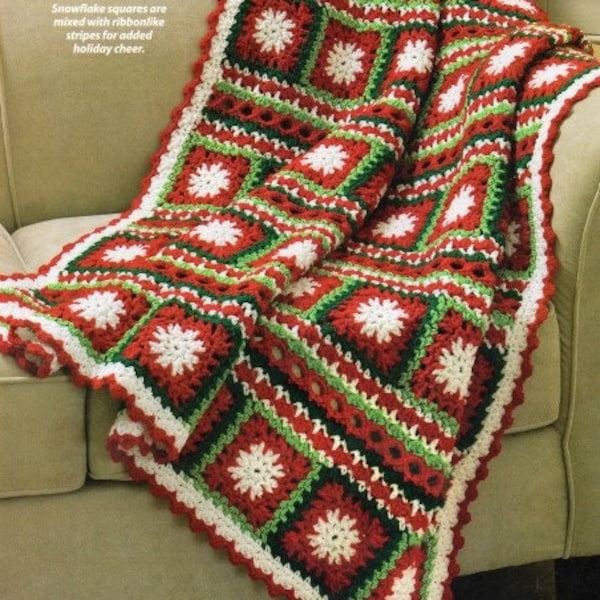 Christmas Afghan Crochet Pattern Holiday Snowflake Granny Square and Ribbon Throw Blanket PDF Instant Digital DOWNLOAD Easy Pattern