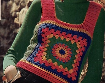 Vintage Crochet Pattern 70’s Granny Square Caged Shrink Vest Tank Top PDF Instant Digital DOWNLOAD