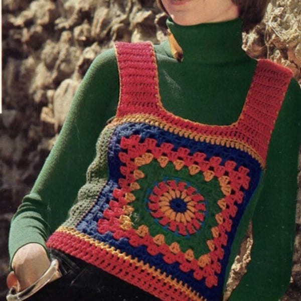 Vintage Crochet Pattern 70’s Granny Square Caged Shrink Vest Tank Top PDF Instant Digital DOWNLOAD