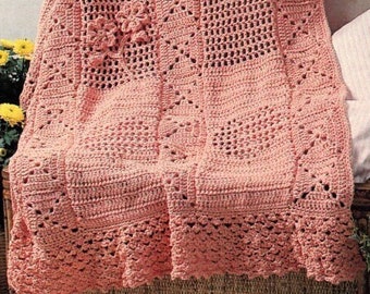 Vintage Afghan Crochet Pattern Filet Hearts and Flowers Lacy Granny Throw Blanket Motif Panel PDF Instant Digital Download