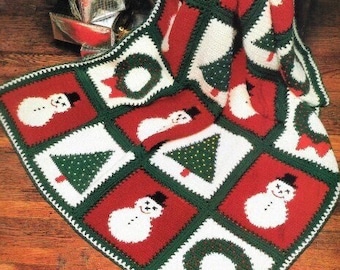 Vintage Christmas Crochet Pattern   Christmas Afghan Throw Holiday Home Decor Snowman Wreath Tree Granny Square Motif PDF Download Pattern