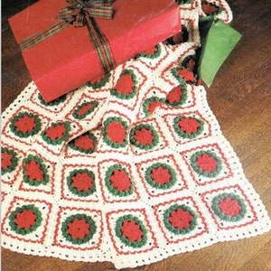 Vintage Christmas Crochet Pattern Holiday Poinsettia Afghan Square Motif Throw Blanket PDF Instant Digital DOWNLOAD