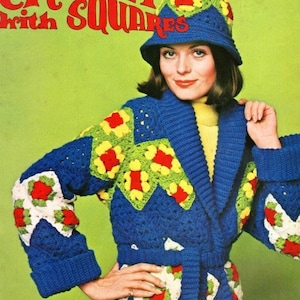 Vintage Granny Square Sweater Crochet Pattern with Matching Bucket Hat Ripple Cardigan Jacket Pattern PDF Instant Digital Download