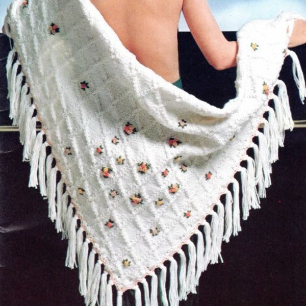 Vintage Shawl Knitting Pattern Embroidered Floral Rosette Knitted Wrap Scarf PDF INSTANT Digital DOWNLOAD Bullion Stitch Flowers