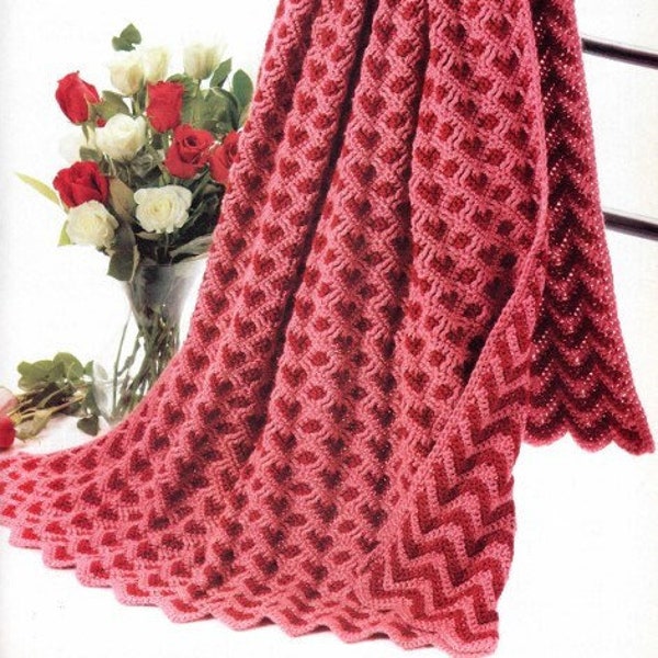 Vintage Crochet Pattern Sweetheart Ripple Afghan Pink Red  Hearts Throw Blanket Valentines Day Love PDF Instant Digital Download