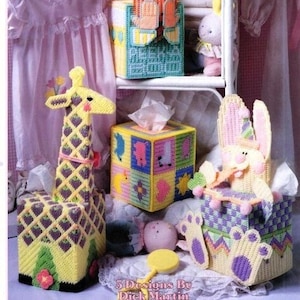 Vintage Plastic Canvas Patten Book More Baby Boutique Tissue Box Covers Topper Leaflet PDF Instant Download Bunny Giraffe Kitty Peek a Boo
