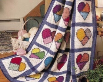 Vintage Crochet Pattern Mended Hearts Patchwork Heart Afghan Blanket Throw Coverlet PDF Instant Digital Download Afghan Stitch