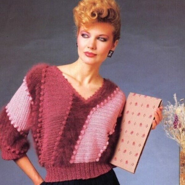 Vintage Crochet Pattern Diagonal Lightweight Pullover Feminine 1980s Fuzzy Top PDF Instant Digital Download