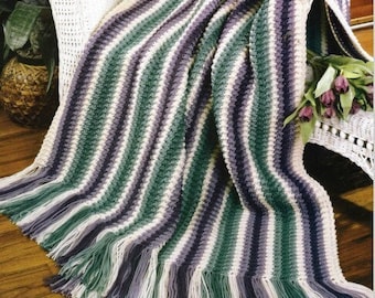 Vintage Afghan Crochet Pattern Stunning Stripes Fringe Throw Blanket PDF Instant Digital Download Purple Lavender Green