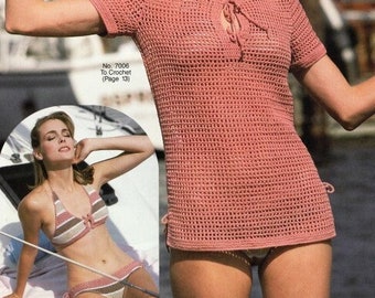 Vintage Crochet Pattern Bikini Swimsuit and Matching Pullover Cover Up PDF Instant Digital Download