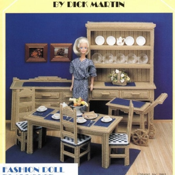 Vintage Plastic Canvas Pattern Pattern Book 1:12 Scale Dollhouse Furniture 11.5" Barbie Doll House Dining Room PDF Instant Download
