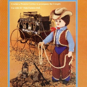 May include: A crochet pattern for a Western cowboy doll. The doll wears a brown cowboy hat, vest, and chaps, with a blue shirt and pants. The image includes a stagecoach and the text "Cowboy".