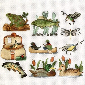 Vintage Cross Stitch Pattern Outdoor Animals Miniature Motif Mini Designs PDF Pattern Instant Digital Download 9 Designs Fish Ducks Frog