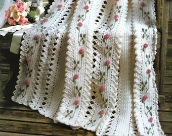 Vintage Afghan Crochet Pattern Romantic Pink Rosebuds Lacy Blanket Rose Throw PDF Instant Digital Download Panel Strips Pattern