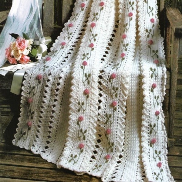 Vintage motif au crochet afghan, boutons de roses roses romantiques, couverture en dentelle, jeté de roses PDF, téléchargement numérique instantané, motif de bandes de panneau