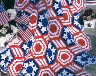 Vintage Afghan Crochet Pattern Star and Stripes Flag Hexagon Motif Throw Blanket PDF Instant Digital Download Pony Bead Fringe Trim