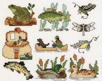 Vintage Cross Stitch Pattern Outdoor Animals Miniature Motif Mini Designs PDF Pattern Instant Digital Download 9 Designs Fish Ducks Frog