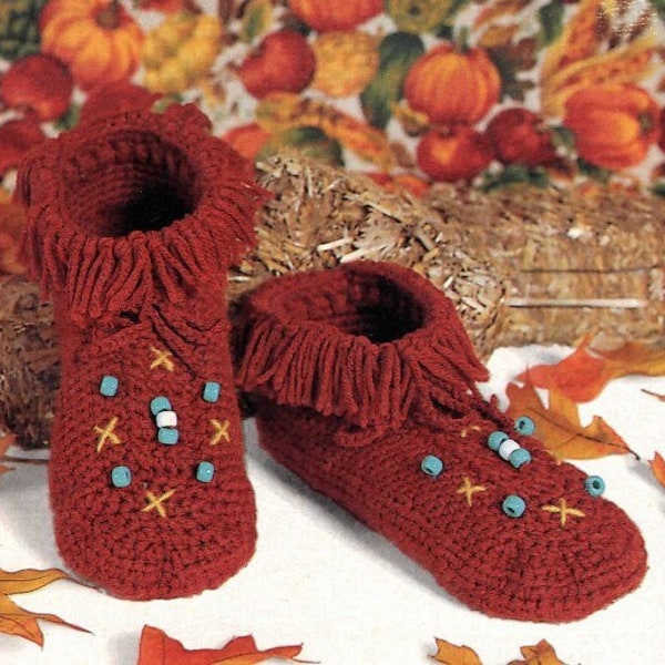 Vintage Crochet Pattern Adult Cozy Fringe Moccasins Indian Beaded Slippers PDF INSTANT Digital DOWNLOAD