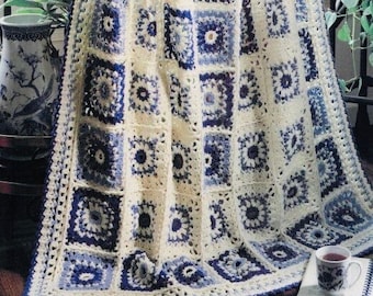 Vintage Crochet Pattern Classic Blue and White Lacy Granny Square Afghan Throw Motif Blanket  PDF Instant Digital Download