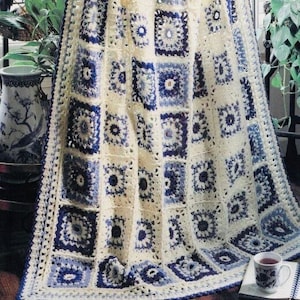 Vintage Crochet Pattern Classic Blue and White Lacy Granny Square Afghan Throw Motif Blanket  PDF Instant Digital Download