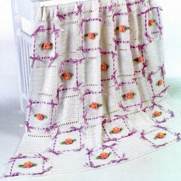 Vintage Crochet Pattern Pink Rose Granny Square Afghan Roses Motif Blanket Ribbon Trim PDF Instant Digital Download