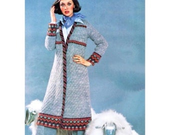 Vintage Knitting Pattern Long Fair Isle Dress Coat Vintage Couture Duster Cardigan Sweater PDF Instant Digital Download