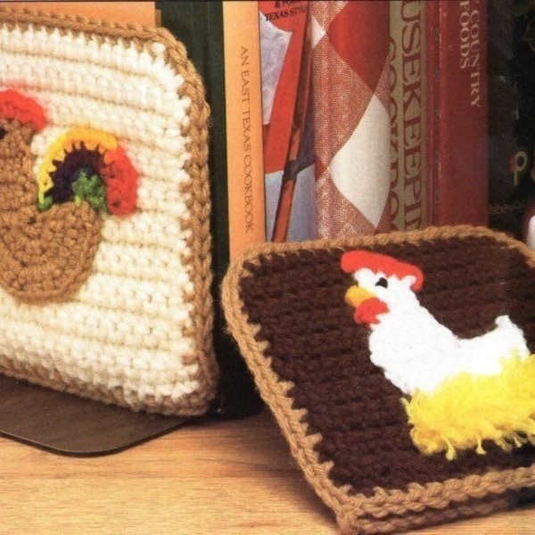 Vintage Crochet Pattern Chicken Bookend Covers Country Kitchen Decor PDF Pattern Instant Digital Download Cookbook Book Ends