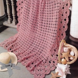 Vintage Crochet Pattern Blush Pink Blushing Seashells Lace Afghan Blanket Delicate Throw PDF Instant Digital Download