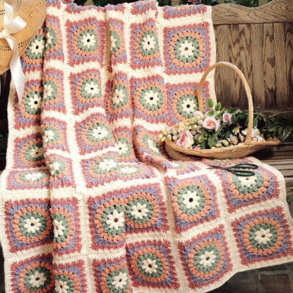 Vintage Crochet Pattern Pastel Garden Flower Burst Modern Granny Square Afghan Blanket PDF Instant Digital DOWNLOAD