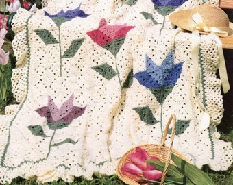 Vintage Crochet Pattern Tulips in Bloom Granny Square Picture Afghan Blanket Throw Patchwork PDF Instant Digital Download Spring Flowers